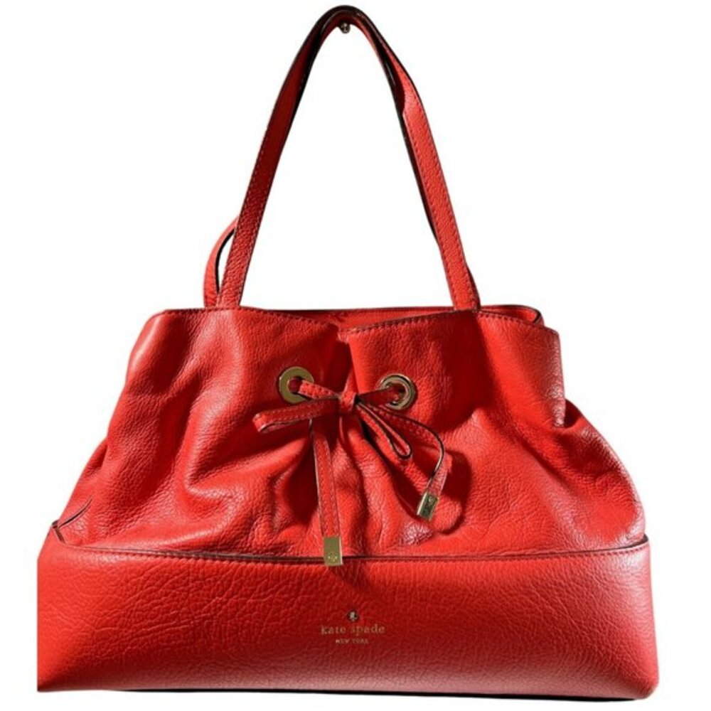 Kate Spade New York‎ Red Pebbled Leather Tote Bag With Adjustable Bow Gold